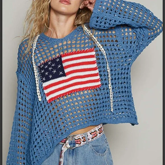OD23-POL American Flag Crochet Hooded Sweater - Picture 2 of 8